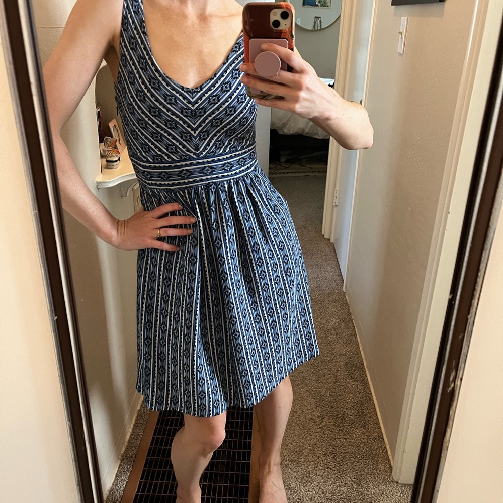 Maeve for anthropologie fit and flare blue and white dress.